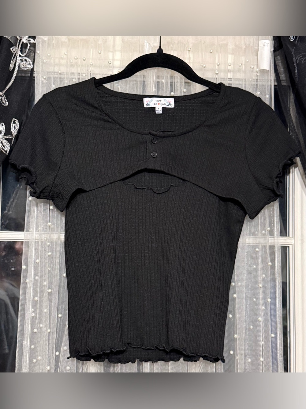Poof! Black Ribbed Layered Crop Top S